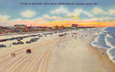 Tracks on the Sand along Beach and Broadwalk Daytona Beach, Florida Postcard