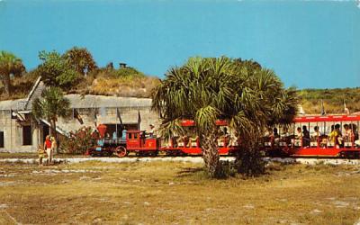 Steam Engine and train passing the old Fort St Petersburg, Florida Postcard