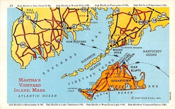 Martha's Vineyard Island Map Marthas Vineyard, Massachusetts Postcard ...