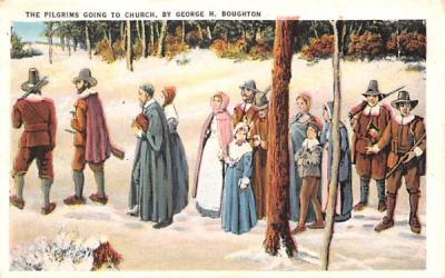 The Pilgrims going to Church Plymouth, Massachusetts Postcard