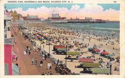 General View, Boardwalk and Beach Atlantic City, New Jersey Postcard