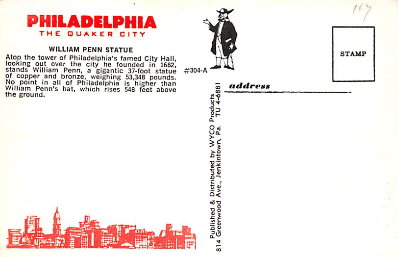 William Penn Statue on City Hall - Philadelphia Pennsylvania PA - Postcard